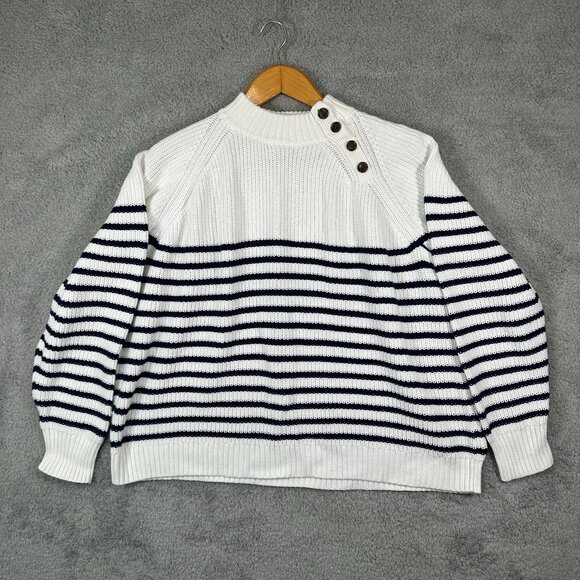 J. Crew Sweaters - J. Crew Striped Button Mockneck Cotton Pullover Sweater White Blue XXL